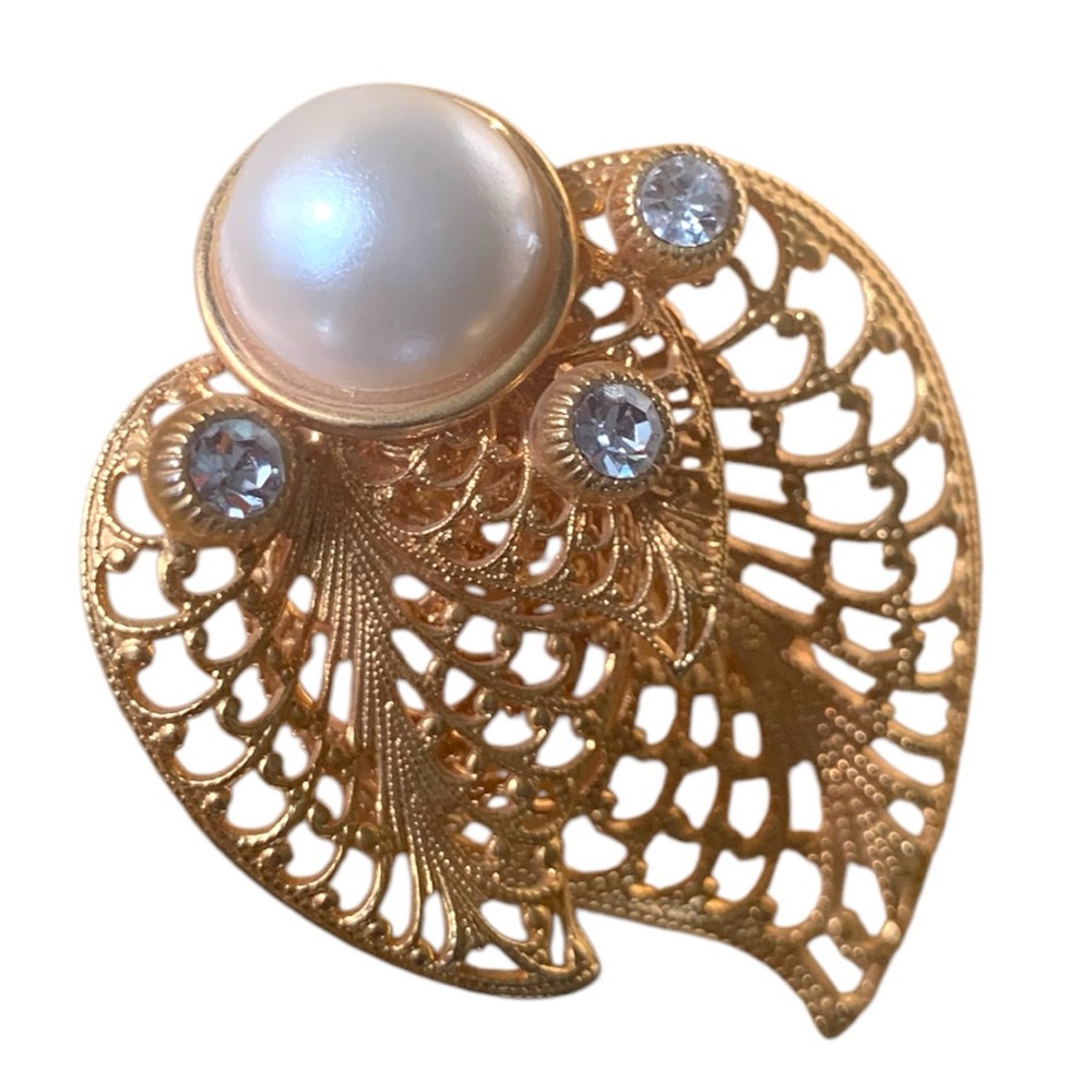 VTG 60s Art Nouveau Gold Filigree Pearl Blue Gemstone Leaf Brooch Angel Wing